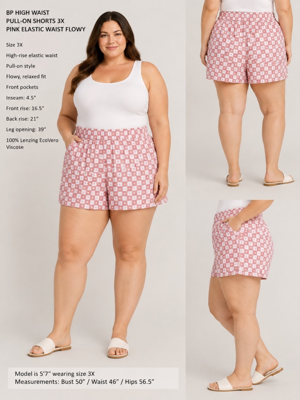 BP High Waist Pull-On Shorts 3X Pink Elastic Waist Flowy
